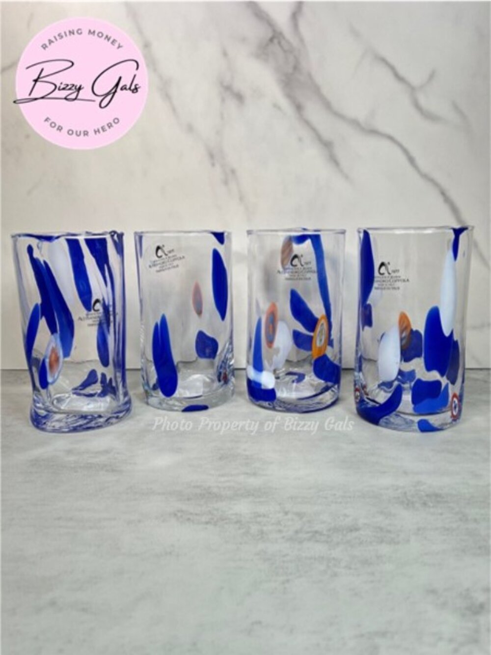 4 Murano Blue Orange Swirl Highball Drinking Glasses Italy